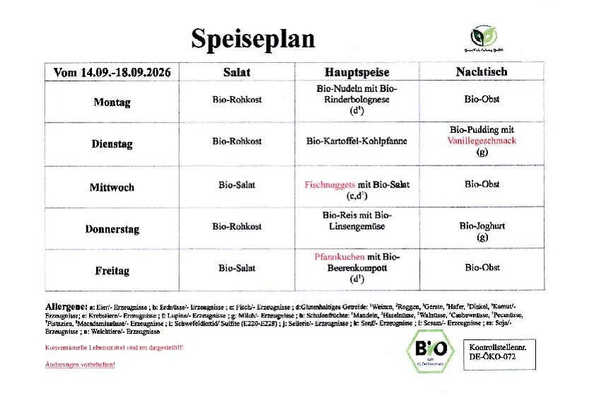 Auf dem Mensaplan werden die Gerichte für die KW38 aufgeführt. 