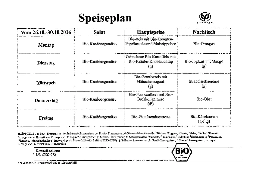 Auf dem Mensaplan werden die Gerichte für die KW42 aufgeführt. 