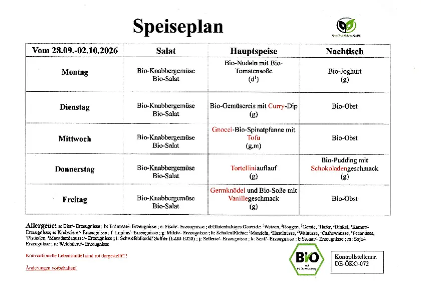 Auf dem Mensaplan werden die Gerichte für die KW40 aufgeführt. 