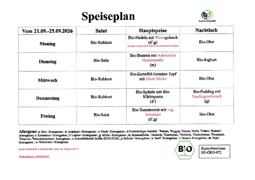 Auf dem Mensaplan werden die Gerichte für die KW39 aufgeführt. 