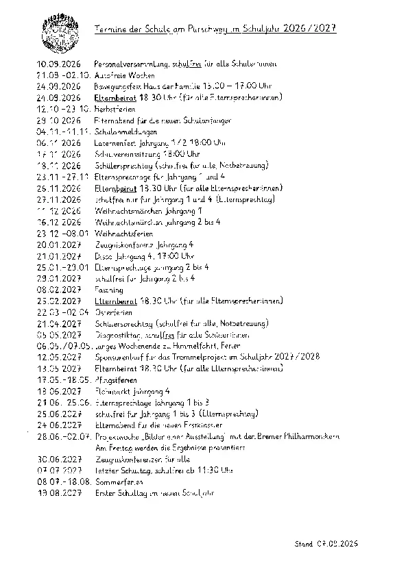 Es werden die Termine für das Schuljahr 2026 -2027 aufgelistet.