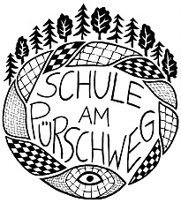 Das Logo zeigt eine kreisförmig liegende Schlange am Waldrand. In der Mitte des Kreises ist der Name der Schule zu lesen.